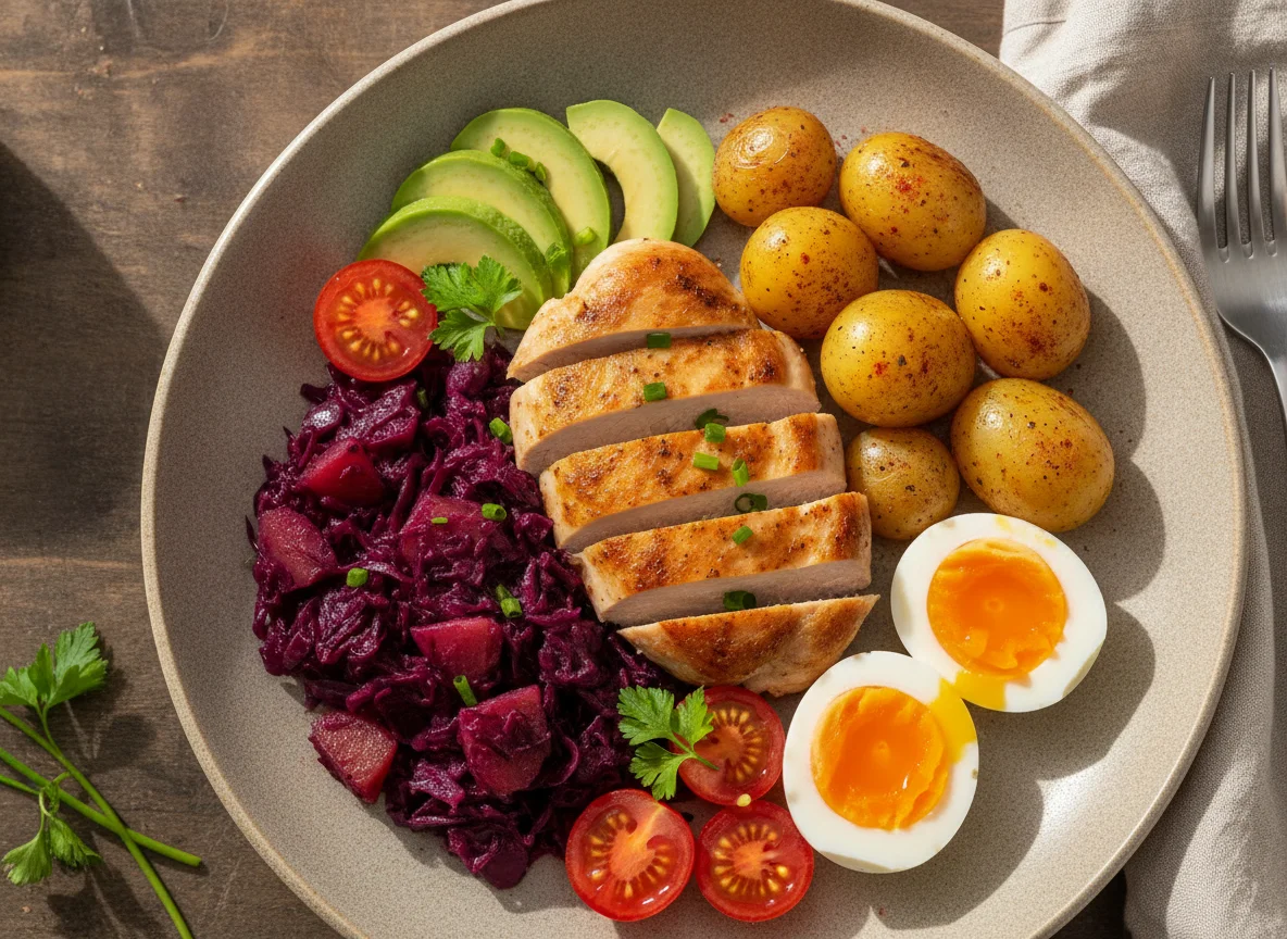 Hähnchenbrust mit Rotkohl, Kartoffeln, Avocado, Tomaten und Eiern photo
