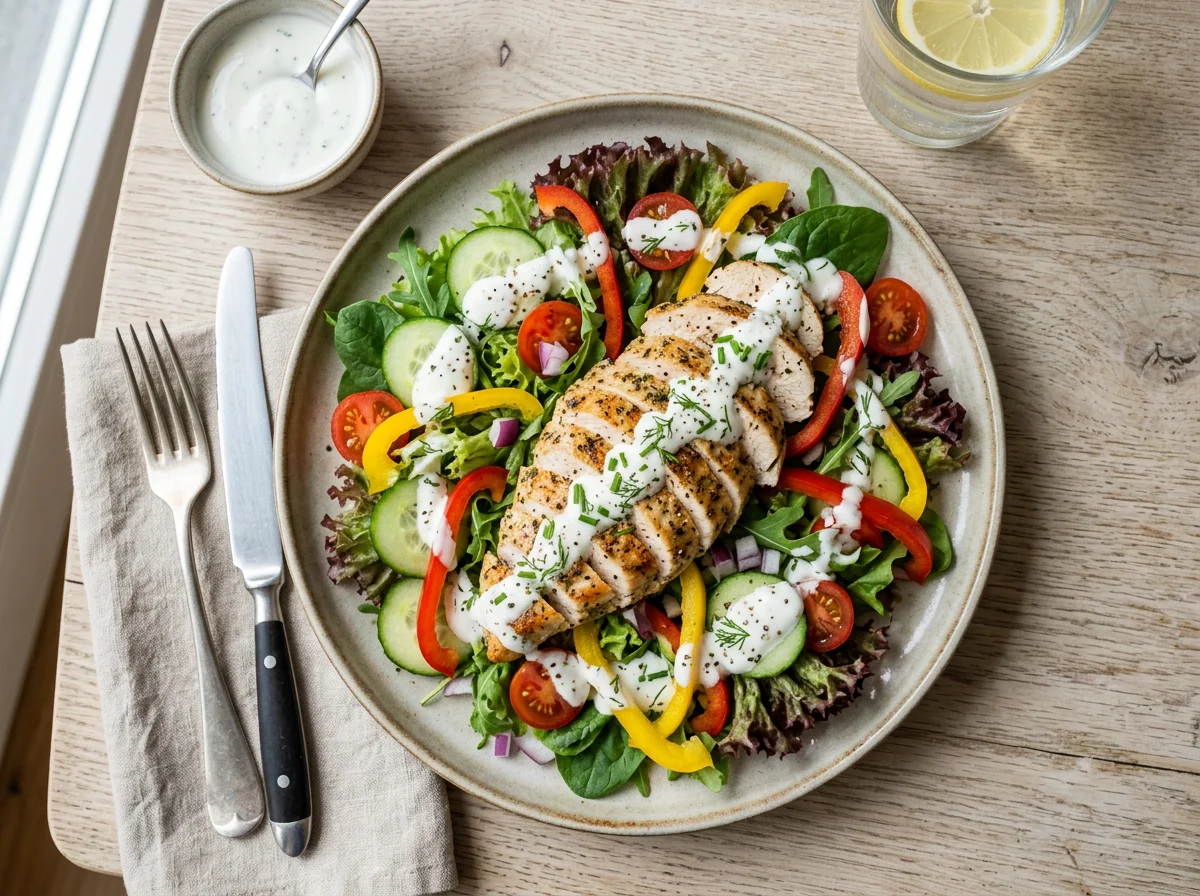 Hähnchenbrust mit Salat und Dressing photo