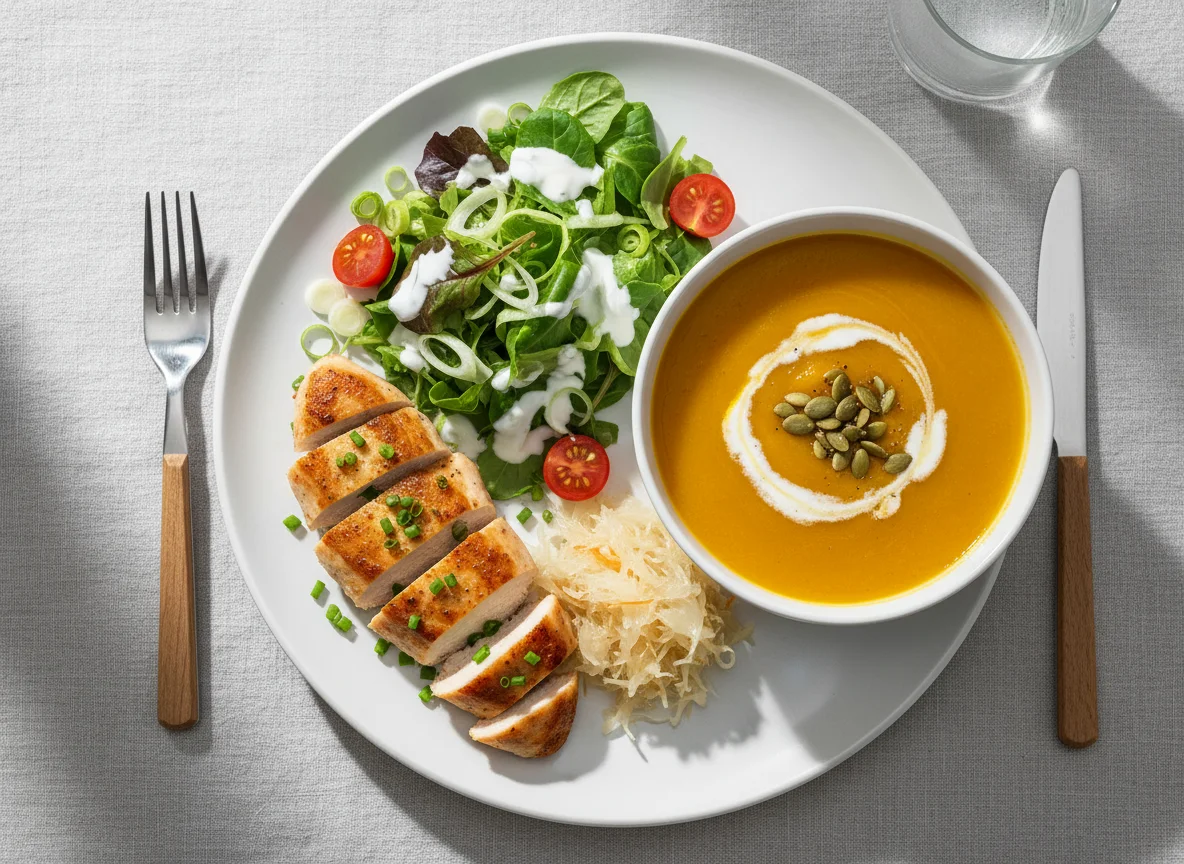 Hähnchenbrust mit Salat und Kürbissuppe photo