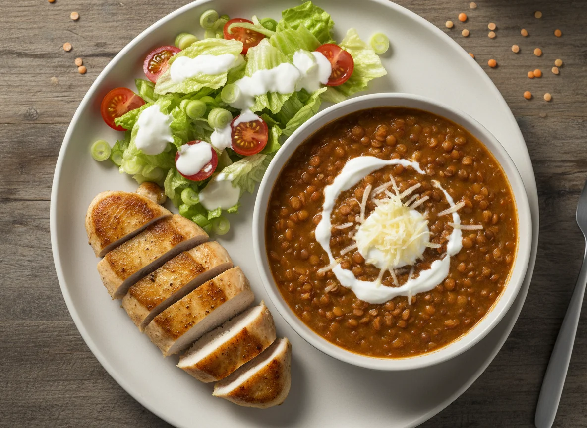Hähnchenbrust mit Salat und Linseneintopf photo