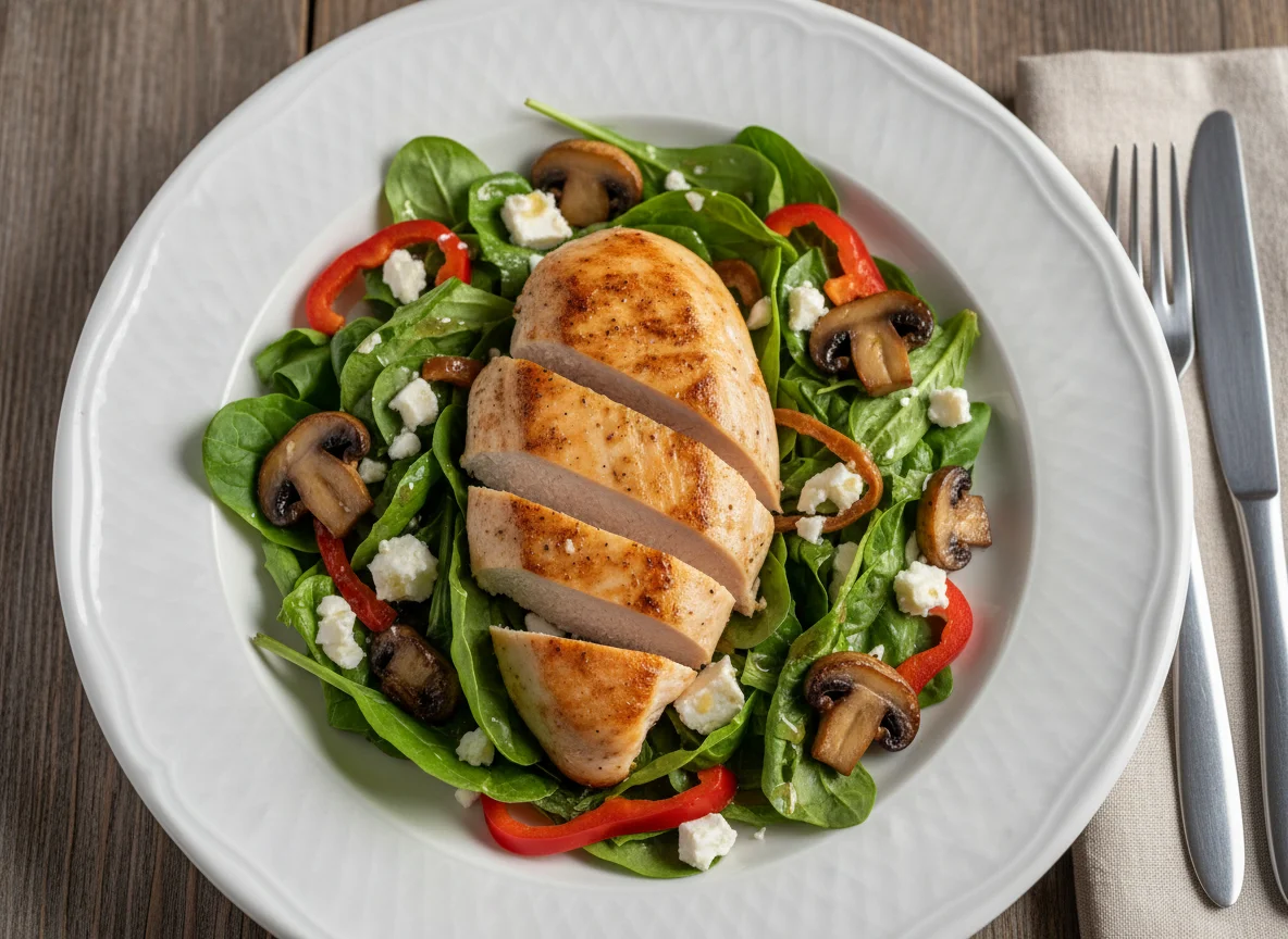 Hähnchenbrust mit Salat und Pilzen photo