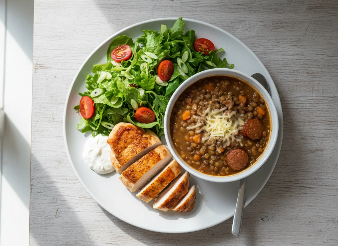 Hähnchenbrust mit Salat und Skyr, dazu Linseneintopf photo