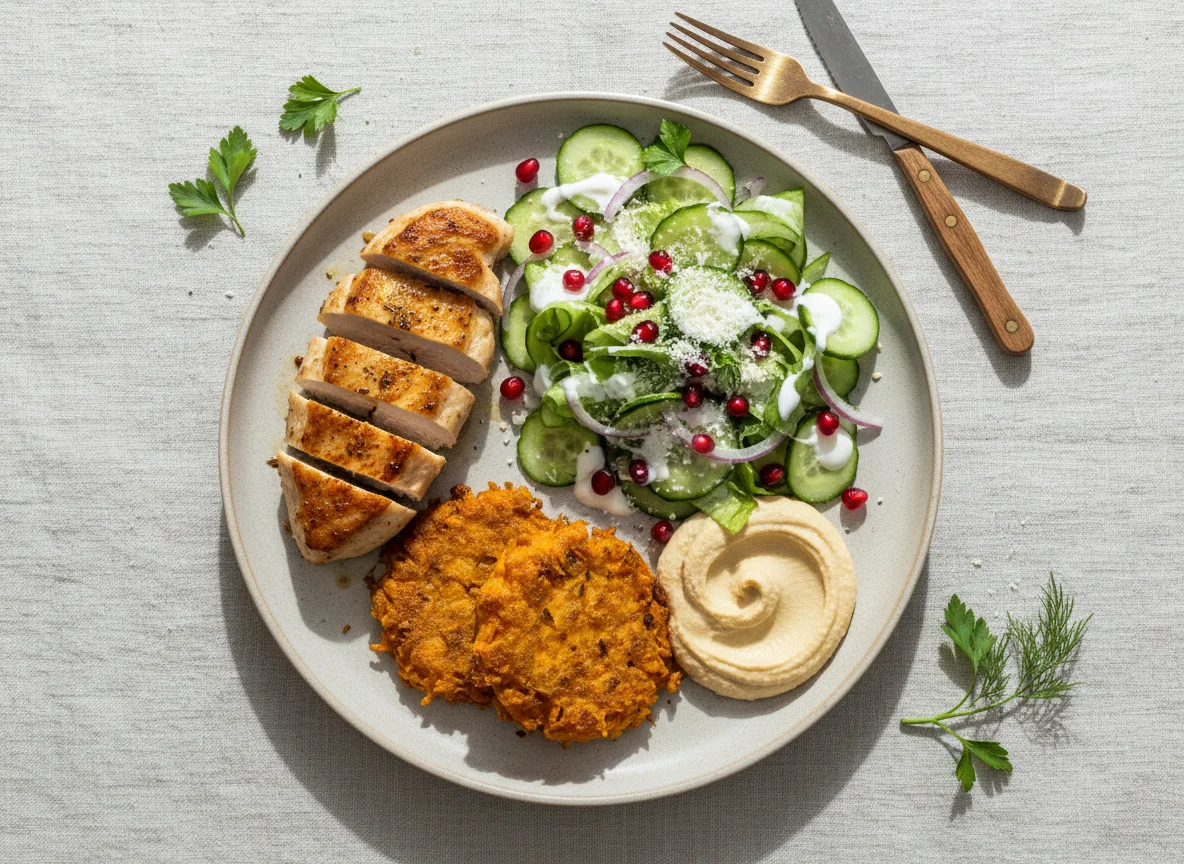 Hähnchenbrust mit Salat und Süßkartoffel-Puffer photo