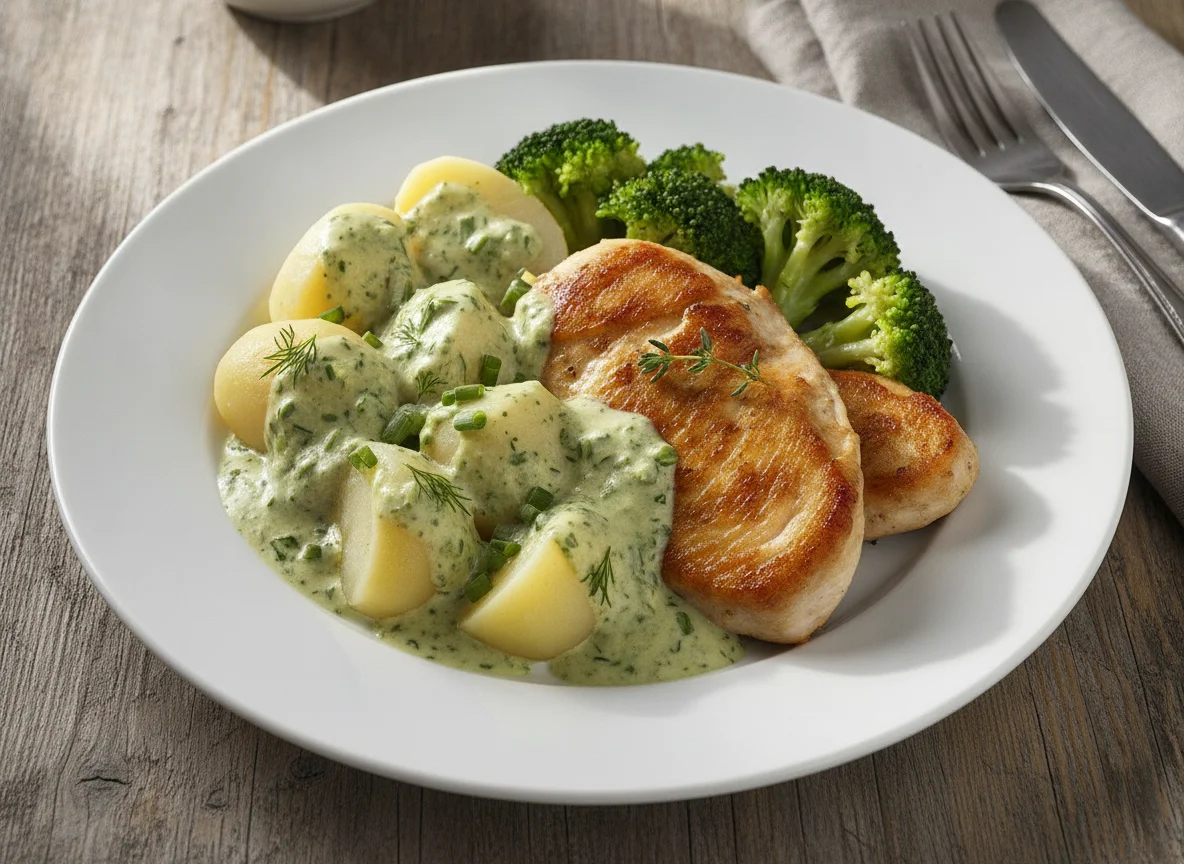 Hähnchenbrust mit Salzkartoffeln, Brokkoli und Kräutersauce photo