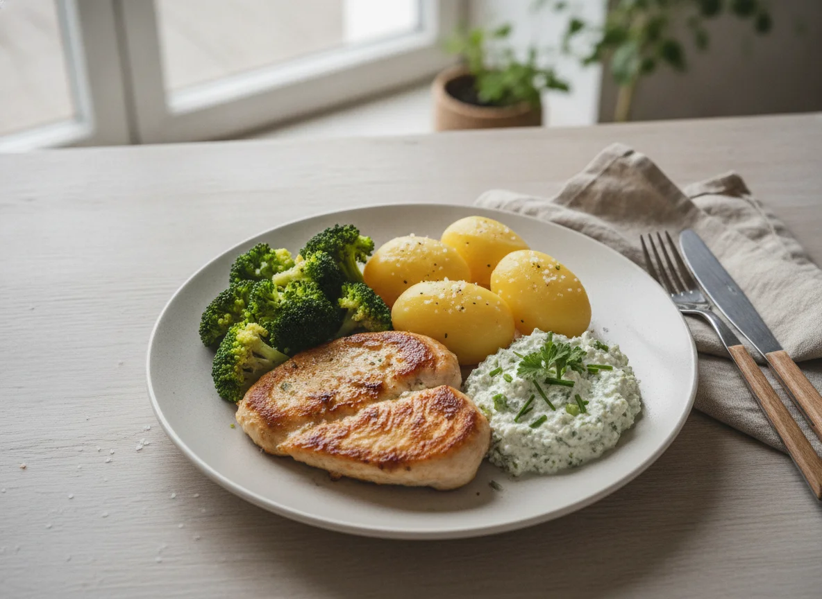 Hähnchenbrust mit Salzkartoffeln, Brokkoli und Kräuterquark photo