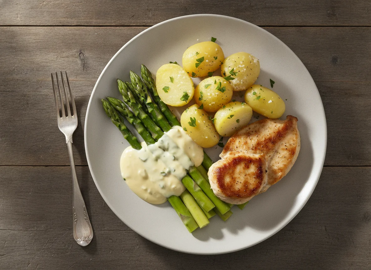 Hähnchenbrust mit Salzkartoffeln, grünem Spargel und Sauce Hollandaise photo