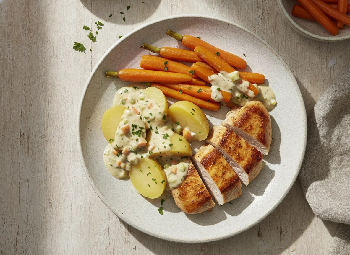 Hähnchenbrust mit Salzkartoffeln, Karotten und Sahnesauce photo