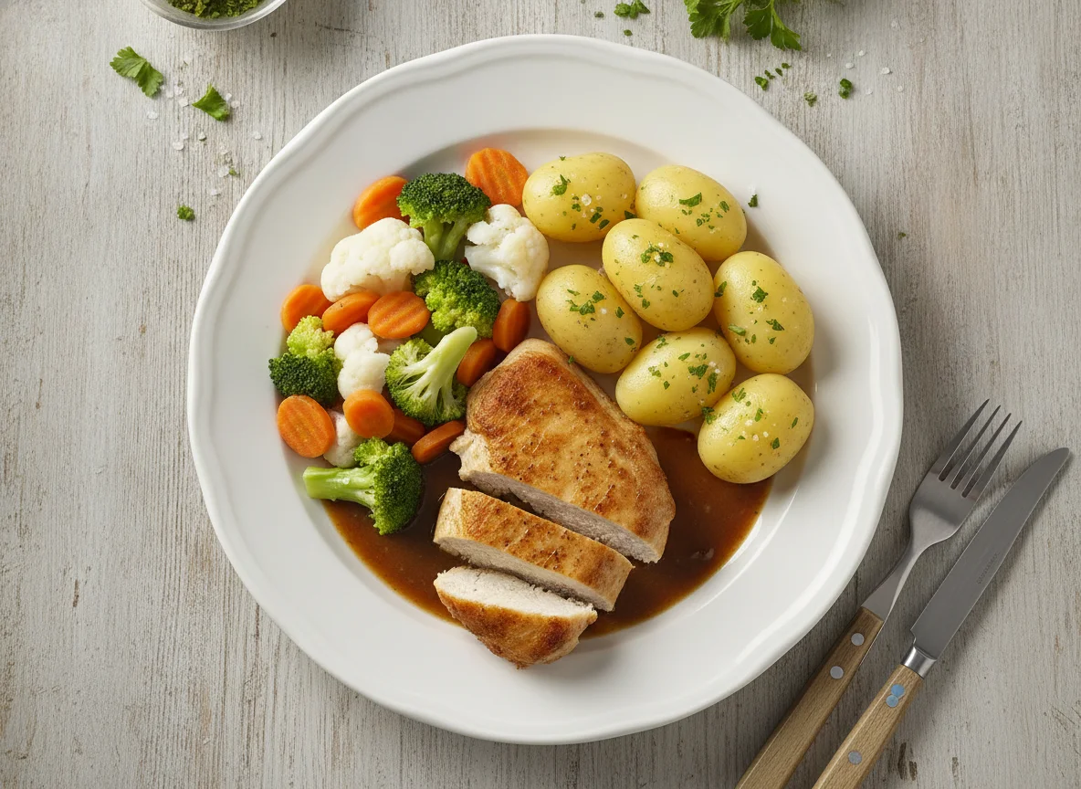 Hähnchenbrust mit Salzkartoffeln, Mischgemüse und Bratensoße photo