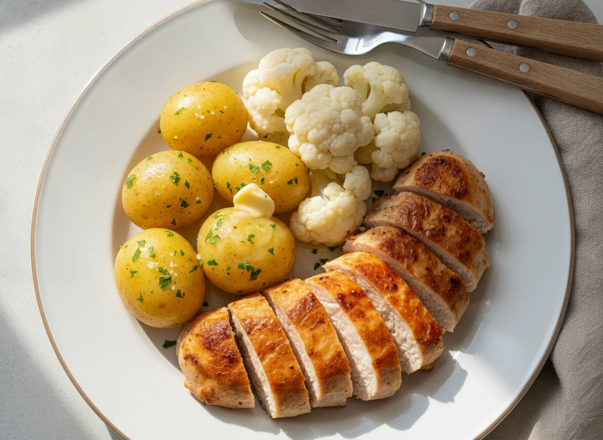Hähnchenbrust mit Salzkartoffeln und Blumenkohl photo