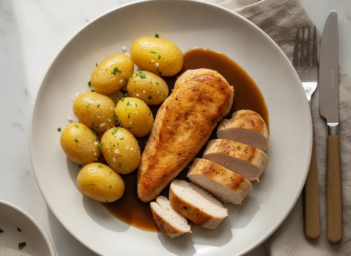 Hähnchenbrust mit Salzkartoffeln und Bratensoße photo