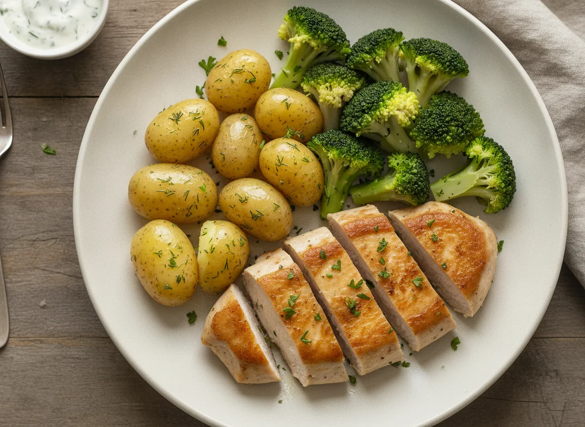 Hähnchenbrust mit Salzkartoffeln und Brokkoli photo