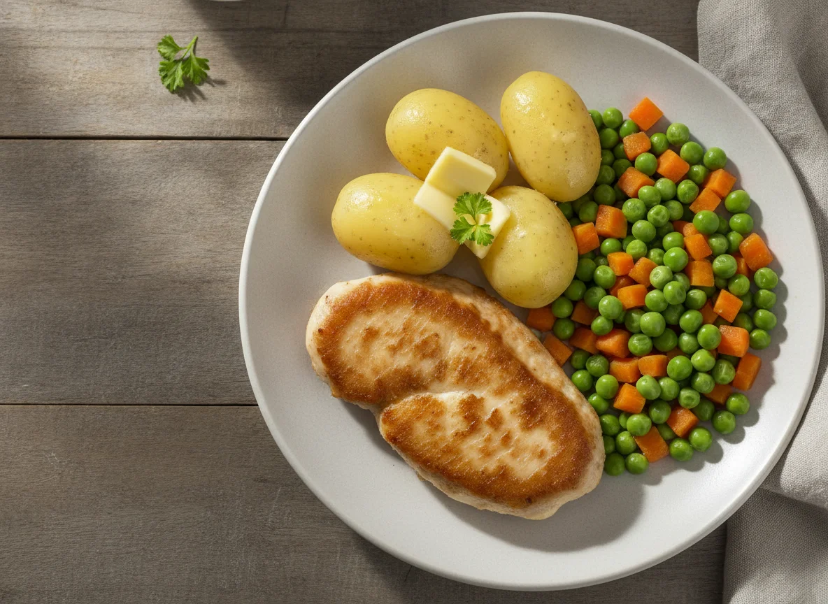 Hähnchenbrust mit Salzkartoffeln und Erbsen-Möhren-Gemüse photo