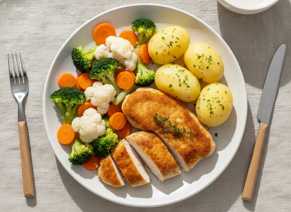 Hähnchenbrust mit Salzkartoffeln und gemischtem Gemüse photo