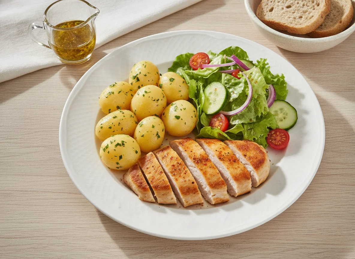 Hähnchenbrust mit Salzkartoffeln und gemischtem Salat photo