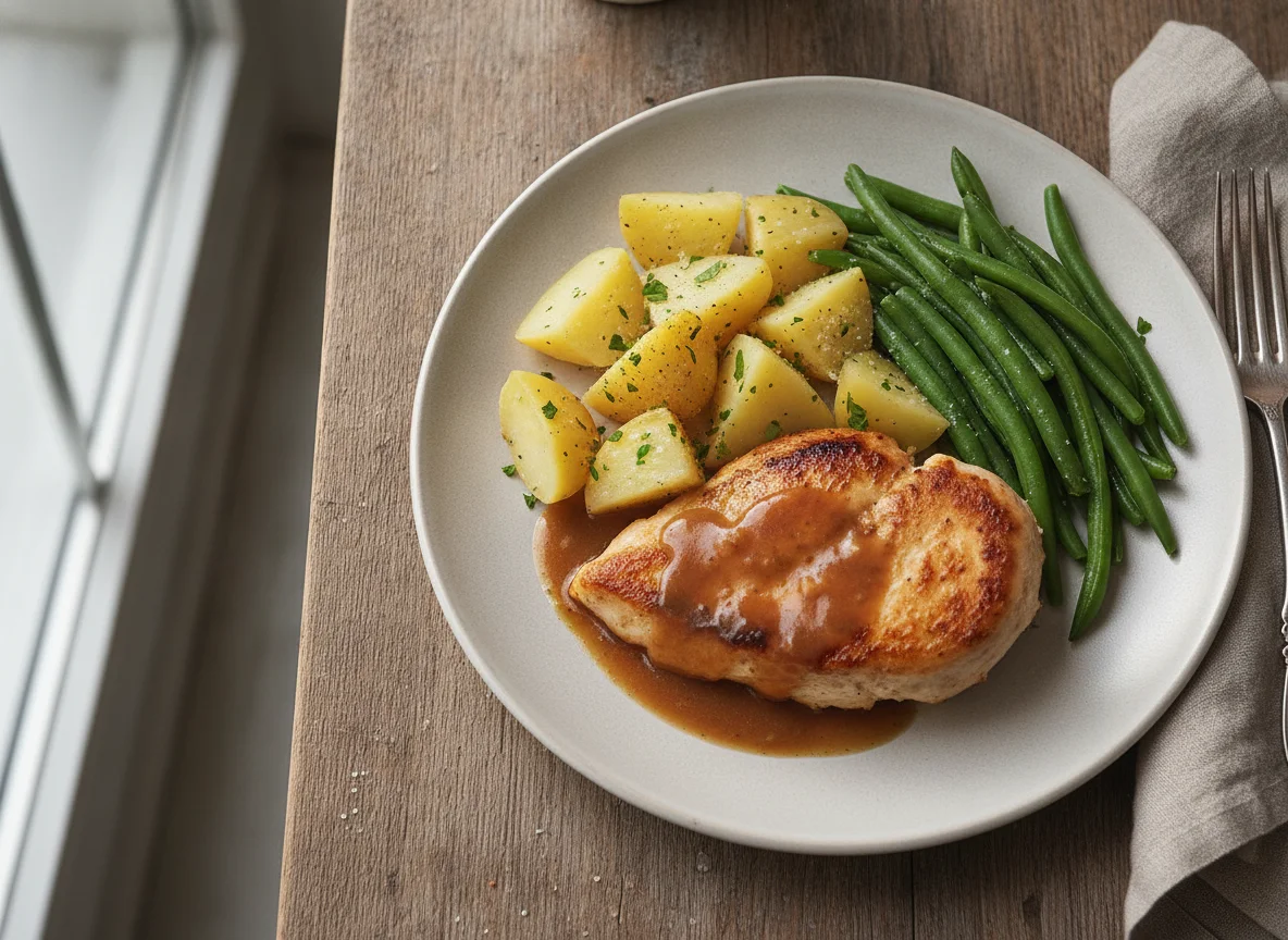 Hähnchenbrust mit Salzkartoffeln und grünen Bohnen photo