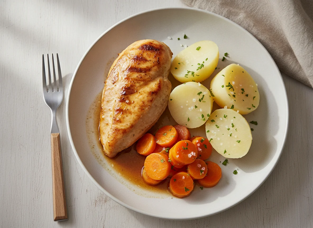 Hähnchenbrust mit Salzkartoffeln und Karotten photo