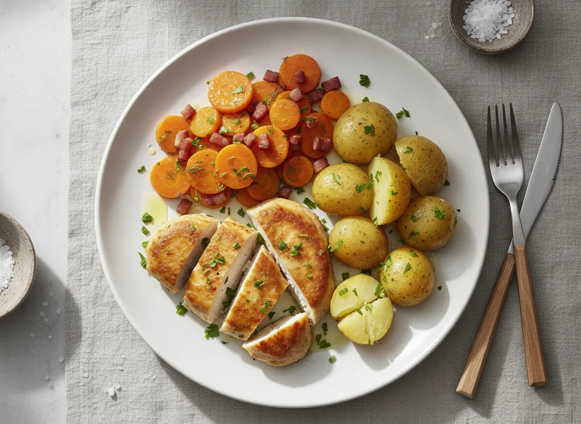 Hähnchenbrust mit Salzkartoffeln und Karottengemüse photo