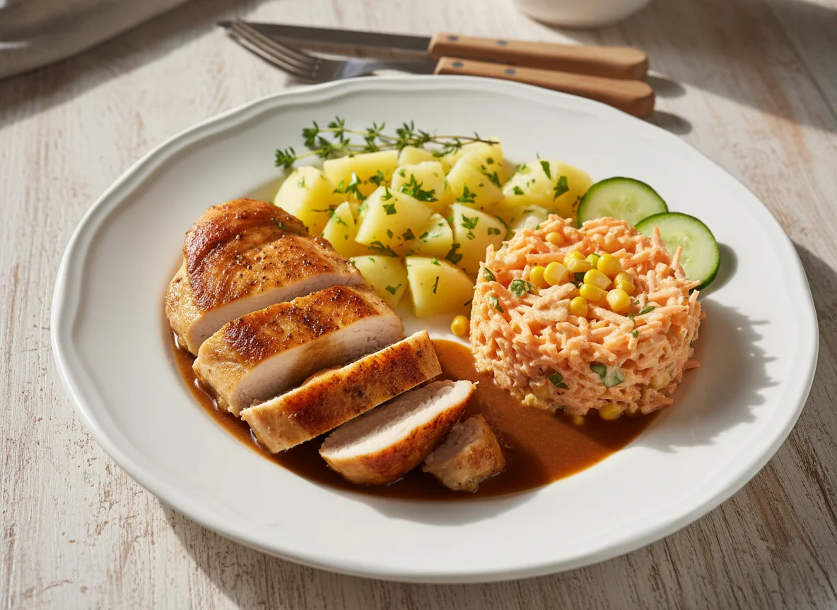 Hähnchenbrust mit Salzkartoffeln und Karottensalat photo