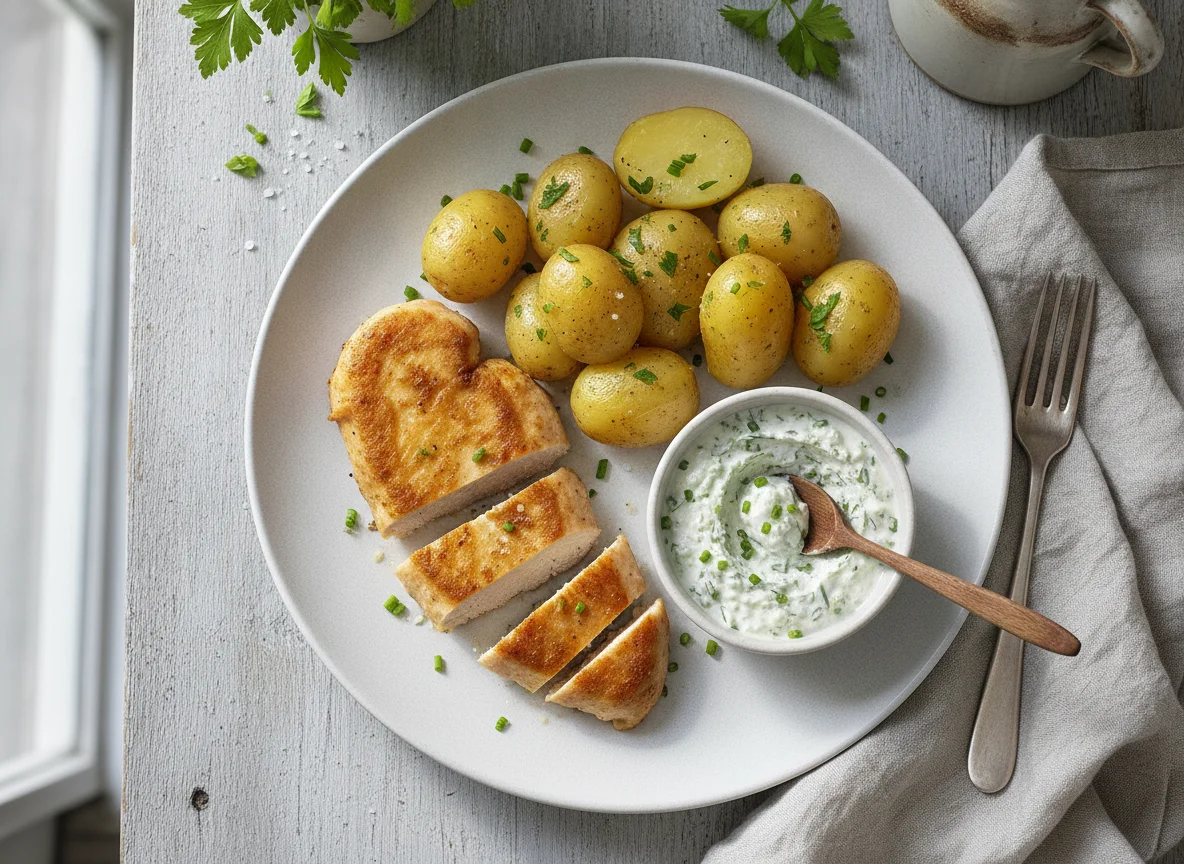 Hähnchenbrust mit Salzkartoffeln und Kräuterquark photo