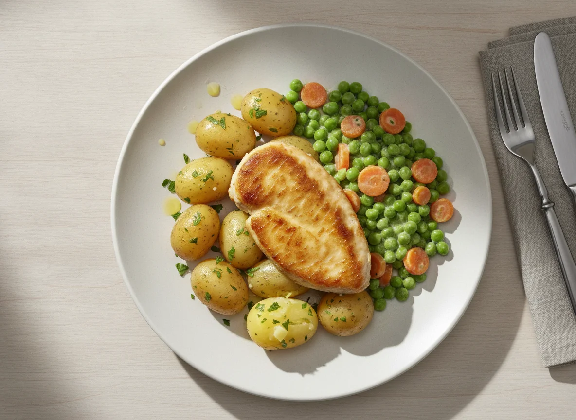 Hähnchenbrust mit Salzkartoffeln und Mischgemüse photo