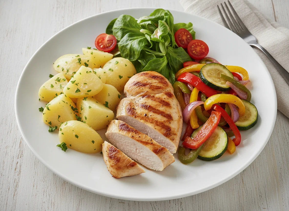 Hähnchenbrust mit Salzkartoffeln und Pfannengemüse photo