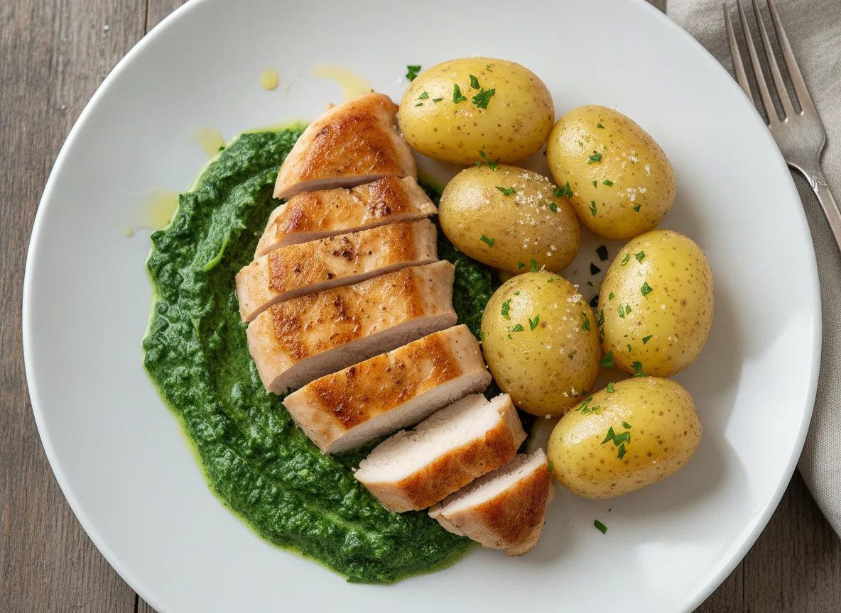 Hähnchenbrust mit Salzkartoffeln und Rahmspinat photo