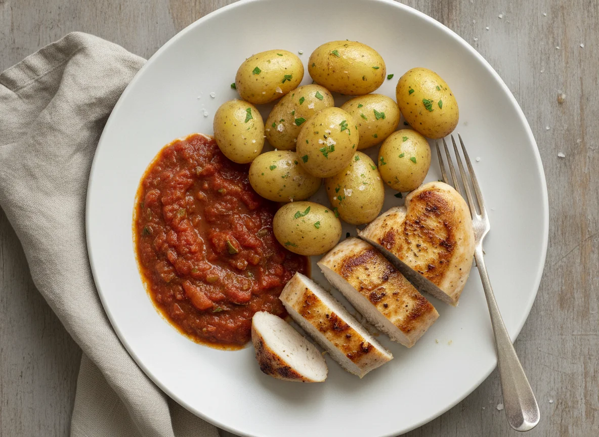 Hähnchenbrust mit Salzkartoffeln und Tomatensauce photo