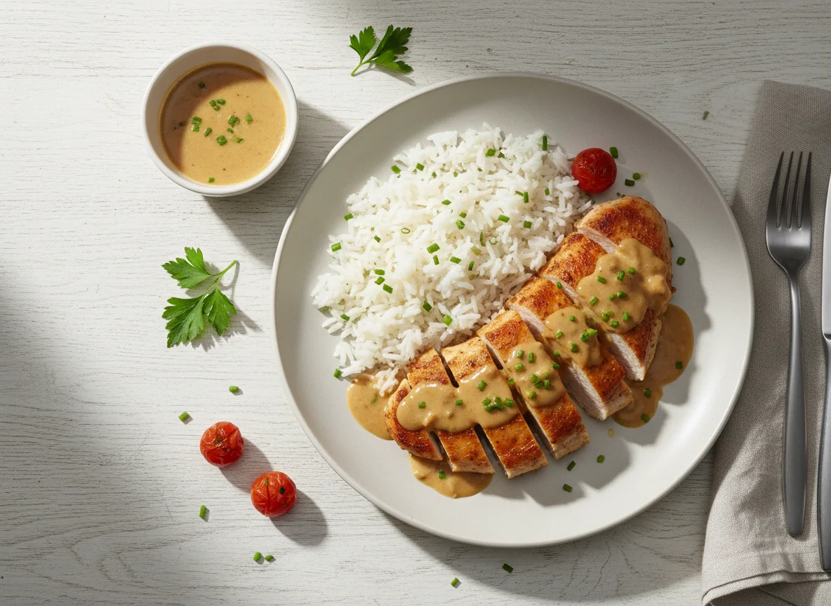 Hähnchenbrust mit Sauce und Reis photo