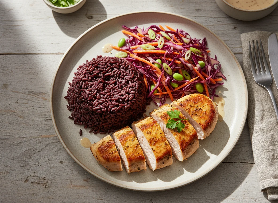Hähnchenbrust mit schwarzem Reis und Krautsalat photo