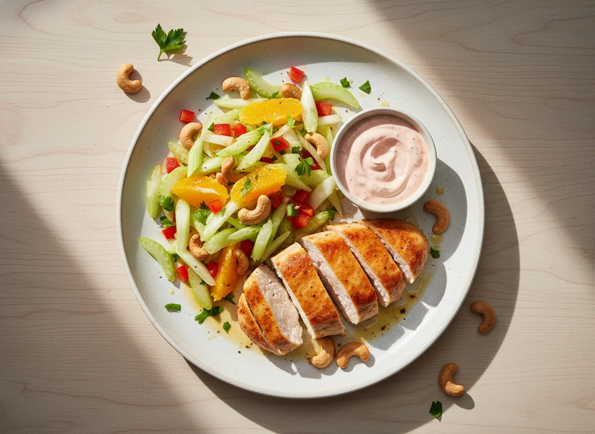 Hähnchenbrust mit Sellerie-Orangen-Salat, Paprika und Dip photo