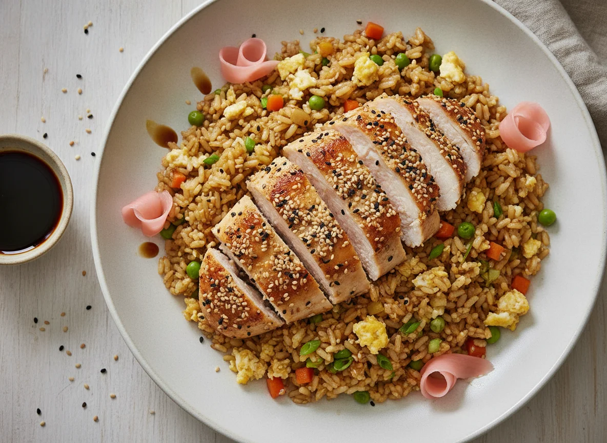 Hähnchenbrust mit Sesam auf gebratenem Reis photo