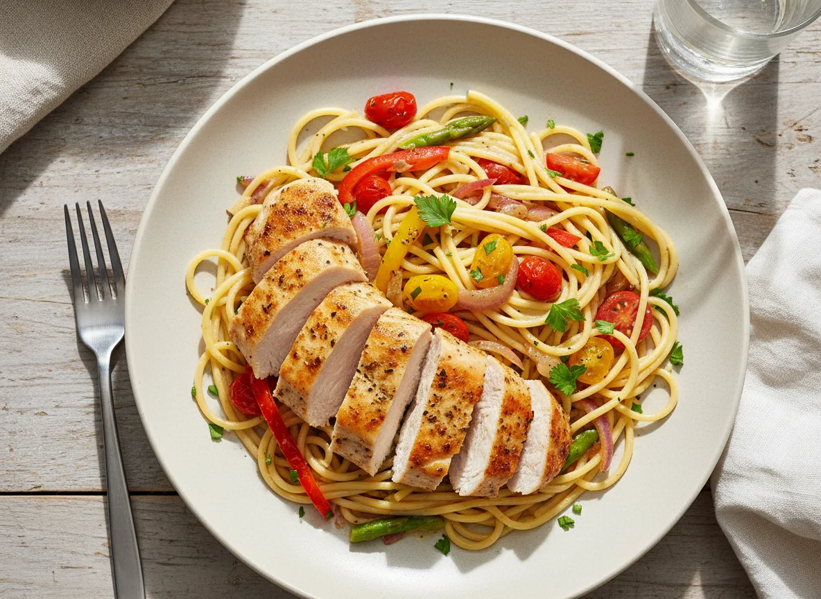 Hähnchenbrust mit Spaghetti und Gemüse photo