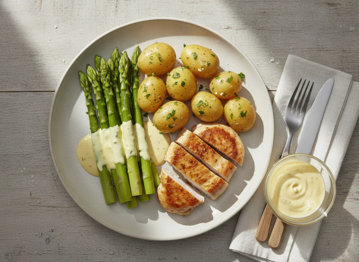Hähnchenbrust mit Spargel, Kartoffeln und Sauce Hollandaise photo