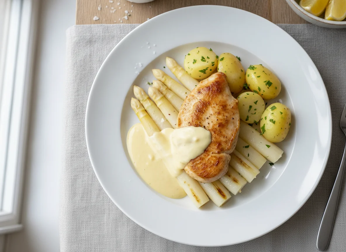 Hähnchenbrust mit Spargel, Salzkartoffeln und Sauce Hollandaise photo
