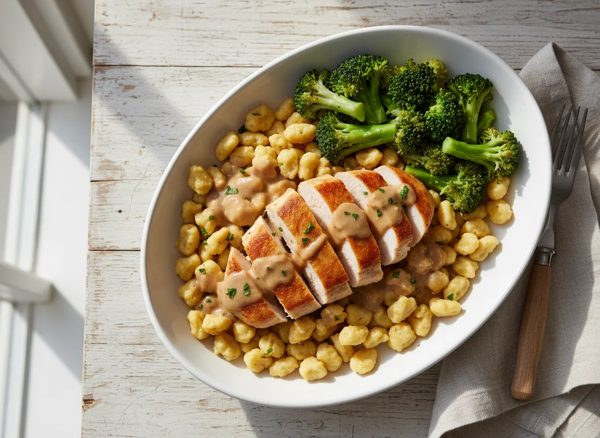 Hähnchenbrust mit Spätzle, Brokkoli und Sauce photo
