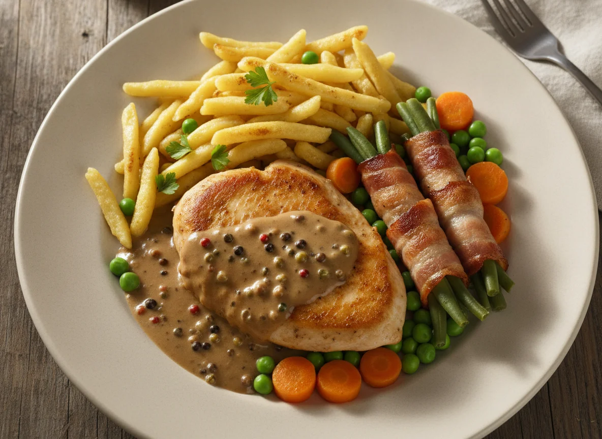 Hähnchenbrust mit Spätzle, Pfeffersauce und Speckbohnen photo