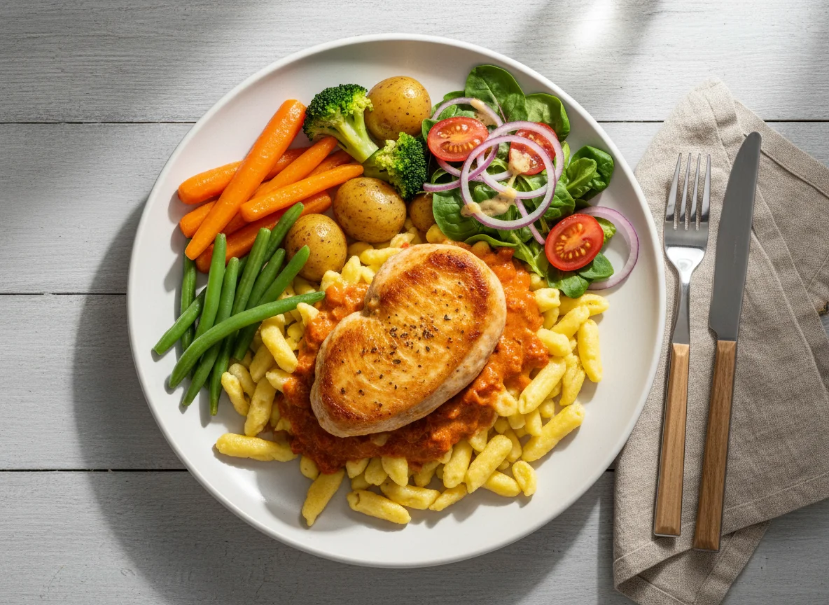 Hähnchenbrust mit Spätzle und Gemüse photo