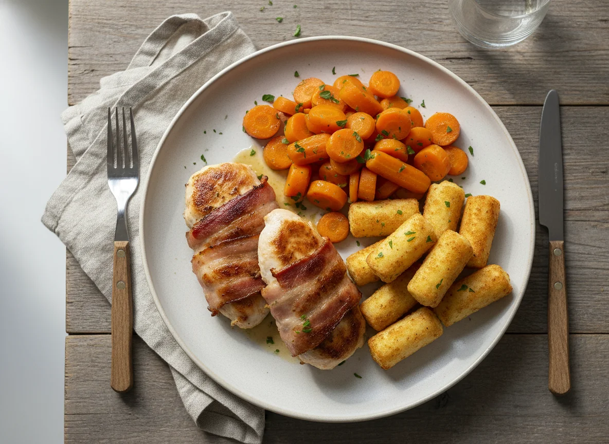Hähnchenbrust mit Speck, Kroketten und Karotten photo