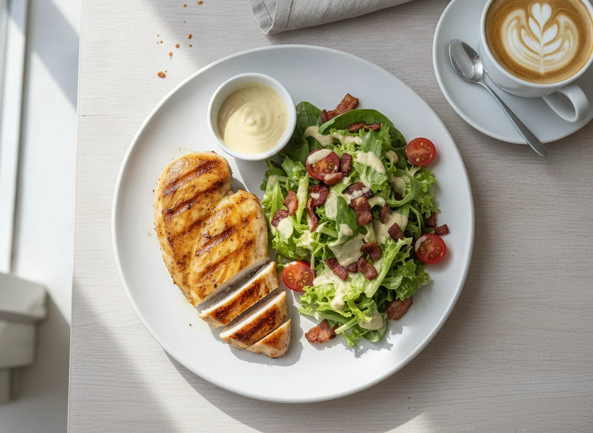 Hähnchenbrust mit Specksalat und Kaffee photo