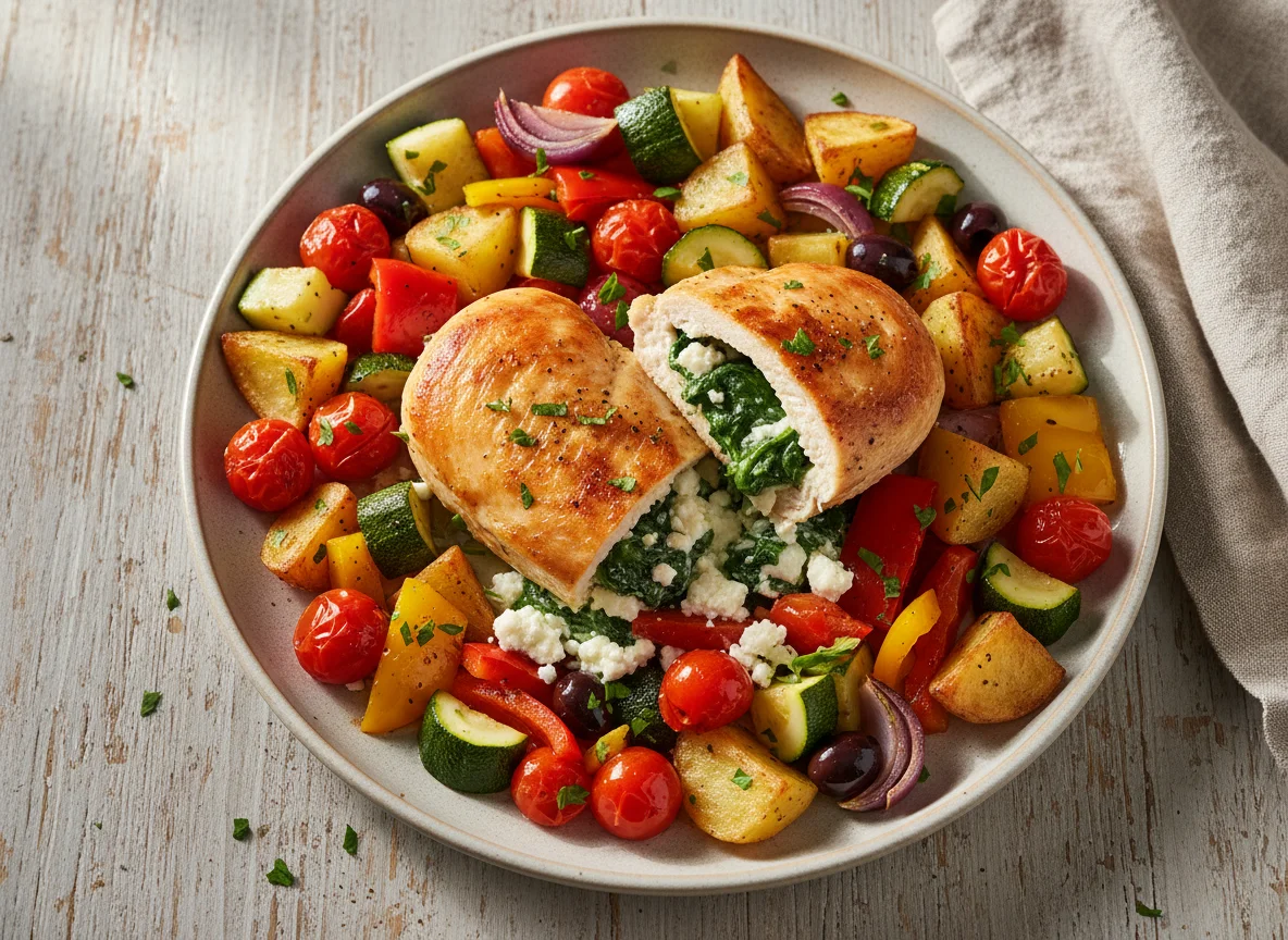 Hähnchenbrust mit Spinat-Feta-Füllung und Ofengemüse photo