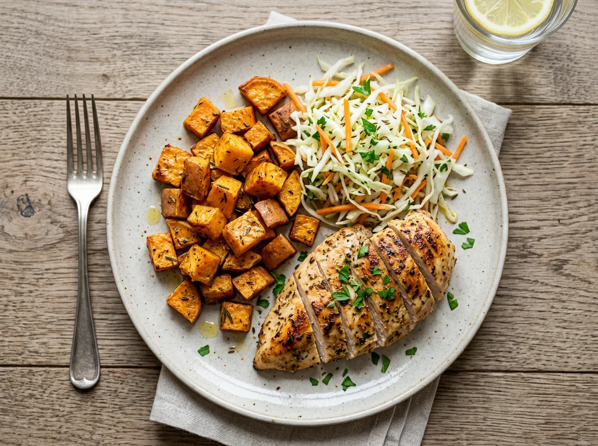 Hähnchenbrust mit Süßkartoffeln und Krautsalat photo