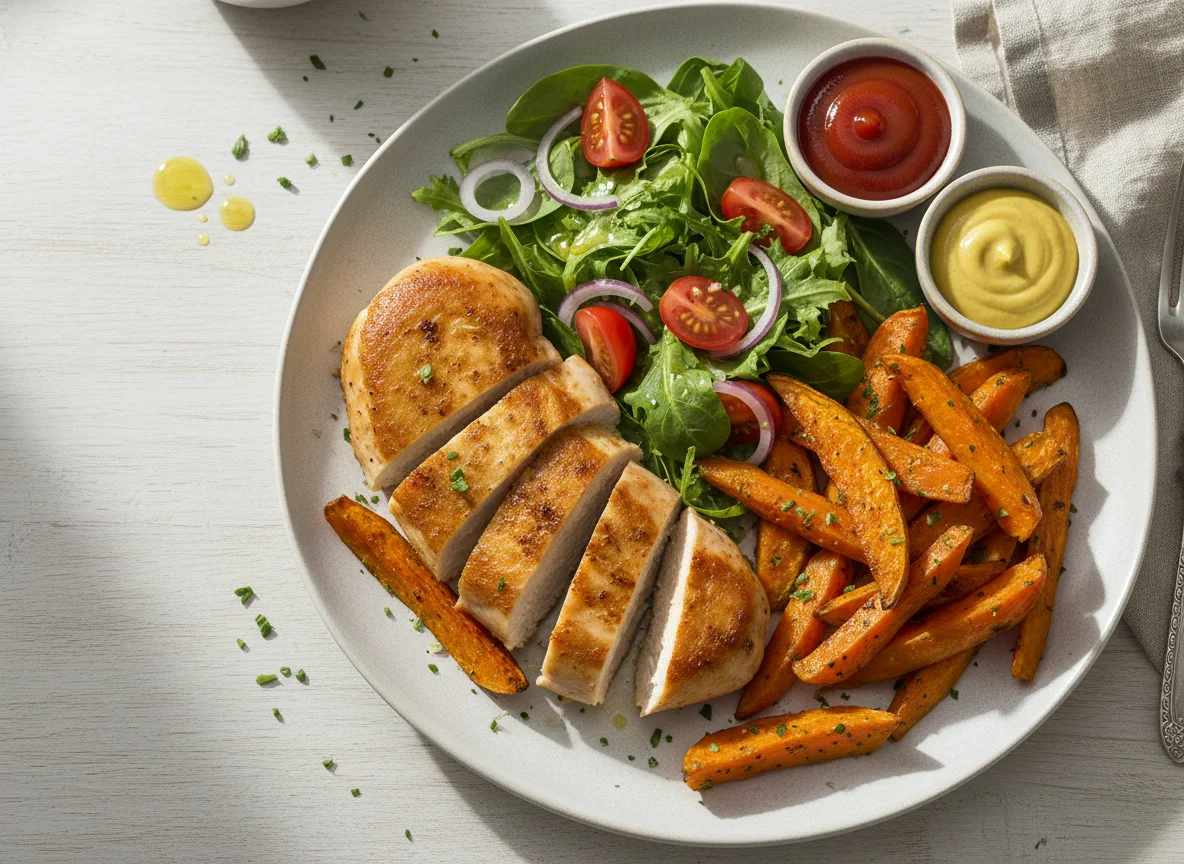 Hähnchenbrust mit Süßkartoffeln und Salat photo