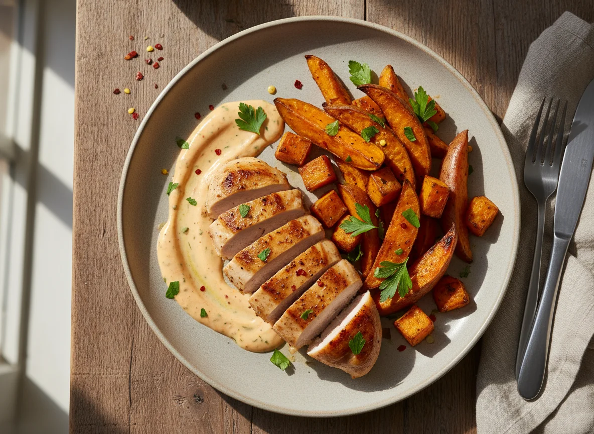 Hähnchenbrust mit Süßkartoffeln und Sauce photo