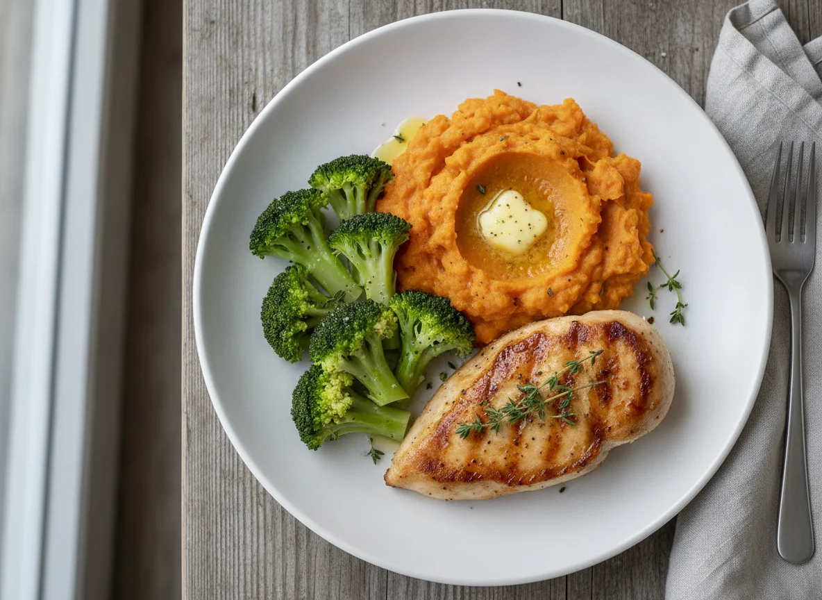 Hähnchenbrust mit Süßkartoffelstampf und Brokkoli photo
