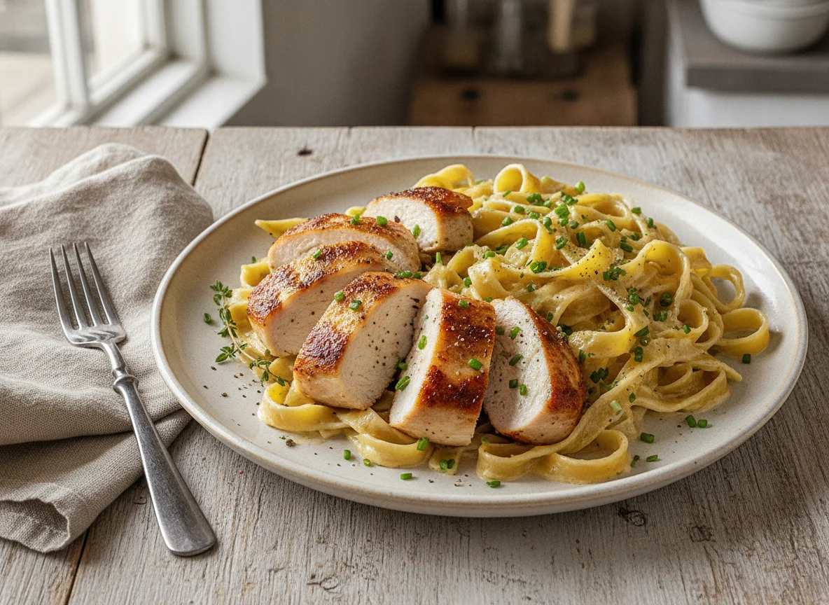 Hähnchenbrust mit Tagliatelle in Sahnesauce photo