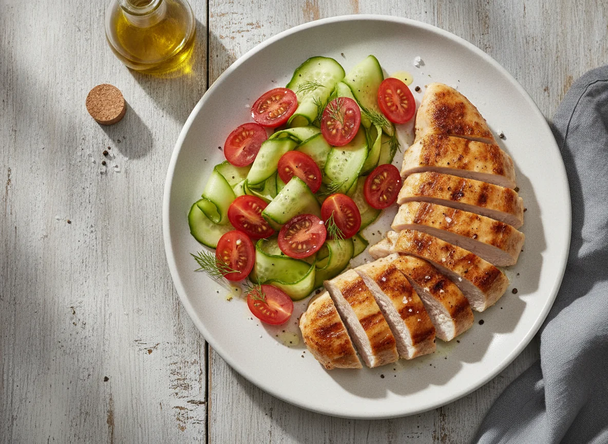 Hähnchenbrust mit Tomaten-Gurken-Salat photo