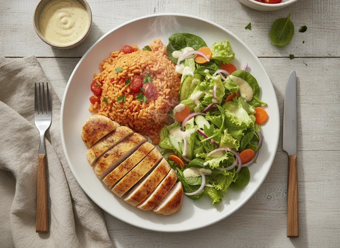 Hähnchenbrust mit Tomatenreis und gemischtem Salat photo