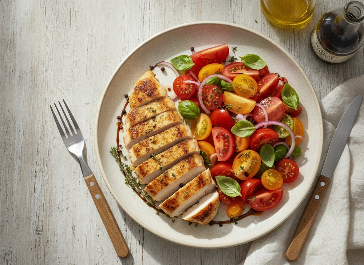 Hähnchenbrust mit Tomatensalat photo