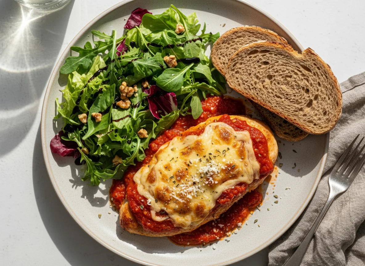 Hähnchenbrust mit Tomatensauce, Käse, Salat und Brot photo