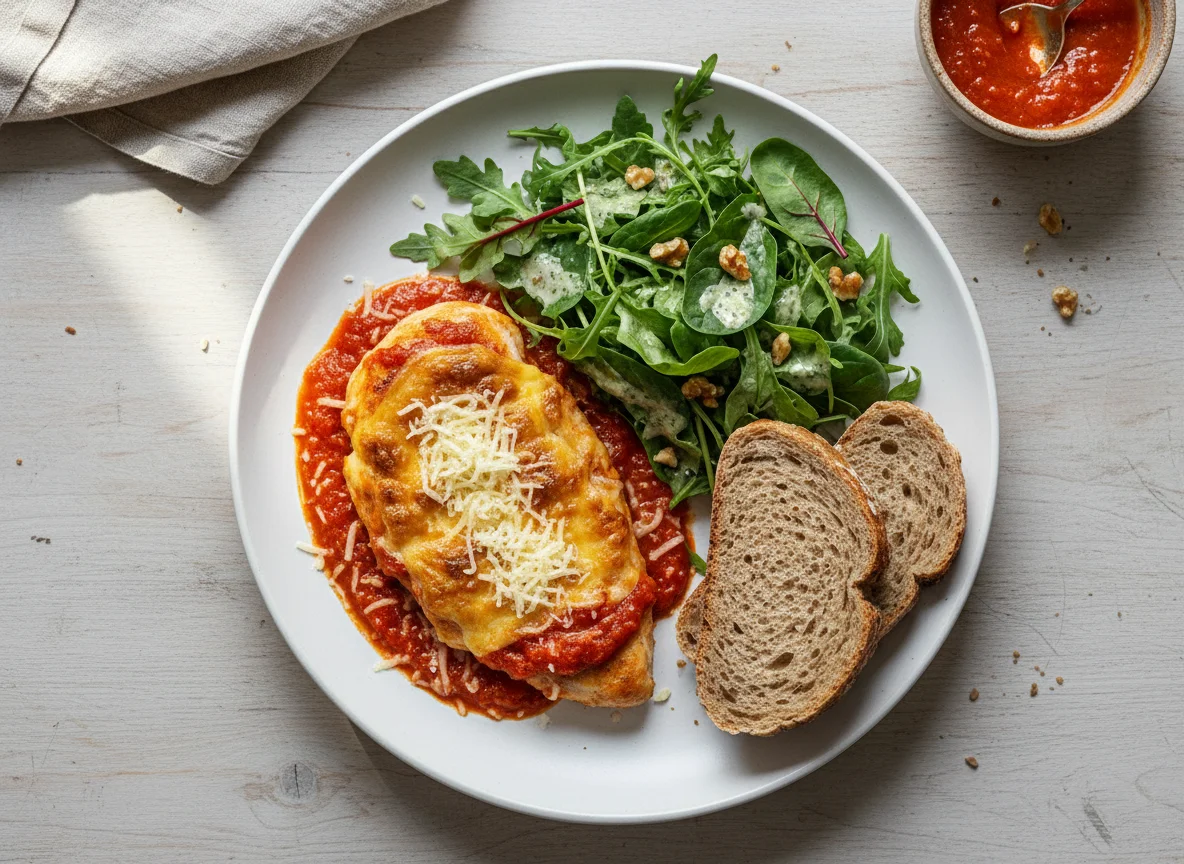 Hähnchenbrust mit Tomatensauce und Käse, Salat und Brot photo